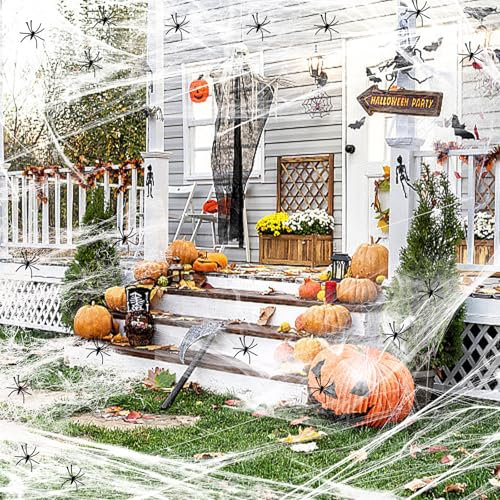 Spinnennetz Halloween, Halloween Deko Spinnennetz mit Realistisch Spinnen, Spinnenweben Deko Innen, Spider Web, Spinnennetz Outdoor für Tischdekoration, Außen, Garten, Spukhaus, Horrorparty -100g