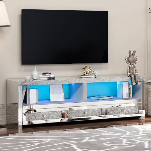 Silver Mirrored tv Stands for 65 Inches LED Light, Mirror Entertainment Center with Drawers & Open Storage, Silver TV Console Table for Living Room, Game Room