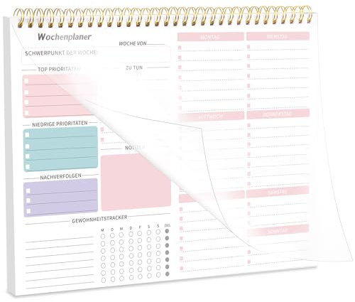 Wochenplaner Block, 28 x 22 cm Spiralgebundene To Do Liste Block 52 Blätter Undatierter Weekly Planner mit To Do Liste & Habit Tracker, To Do Planer für Studium Arbeit (Rosa)