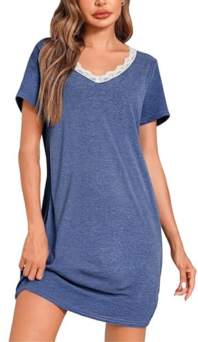Litherday Camicia da Notte Donna Manica Corta Camicia da Notte Estiva Scollo a Rotondo con Pizzo Camicia Notte Donna Cotone Corta Camicia da Notte Morbida e Confortevole