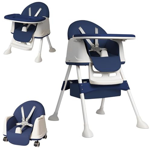 YARDIN 3-in-1 Babyhochstuhl, Klappbarer Kinder Essstuhl mit Höhenverstellung, Doppeltablett, Abnehmbarem Sitz und Rollen, Multifunktionaler Kombihochstuhl für Mahlzeiten und Aktivitäten, Blau