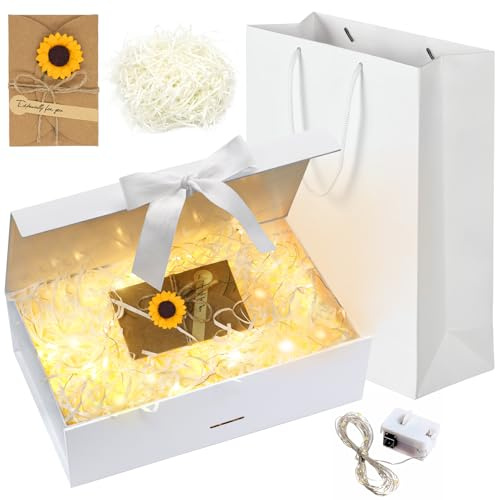 Forhandy Caja de regalo con lazo, tapa L, bolsa, cinta, luz, caja magnética, para boda, cumpleaños (blanco, L)