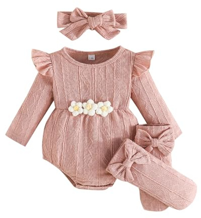 Kunyeah 3 st baby flicka kläder småbarn ruffle sparkdräkt långärmad bodysuit båge hårband strumpor nyfödd blomma jumpsuit