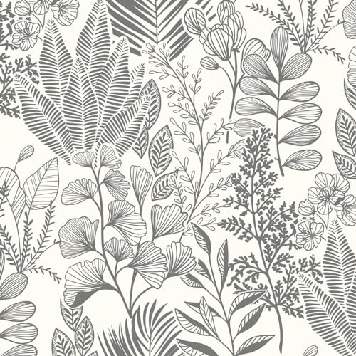 Fiula Self Adhesive Wallpaper 41CMx10M Peel and Stick Wallpaper Grey Leaf Floral Vinyl Wrap for Bedroom Waterproof Contact Paper for Furniture Renter Friendly Removable