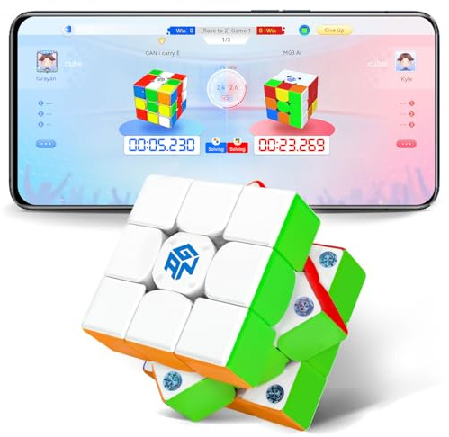 GAN356 i Carry E Smart Cube avec 150h d'autonomie, 3x3 Speed Cube Contrôle par Appli, Cube Magique Réglable GES Pro+ pour Débutants et Pros, sans Recharge(Version Givrée)