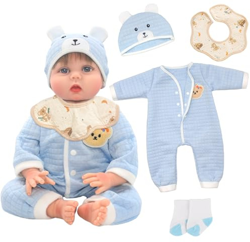 Baby Doll Clothes for 18-22 Inch Reborn Doll, Cute Blue Bear Doll Outfits with Romper Suit Bib Hat Socks for 50-55cm Dolls Girls Birthday Gift
