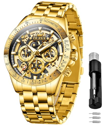 OLEVS Uhren Herren Skeleton Quarz Business Kleid Gold Gesicht Gold Edelstahl Uhrenband Wasserdicht Ieuchtende Herrenuhr