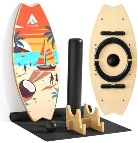 Balance Board, Flycoop Balance Board Adult Balance Board Wooden Balance Board Indoor Board Surf Skateboard Indoor Surfboard Trick Board Balance Board Including Roller, Balance Ball, Mat, Holder