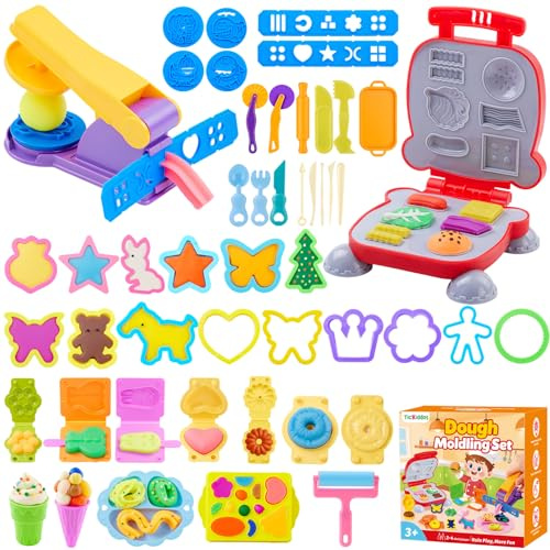 TicKiddos Dough Tools Kit for Kids, Modeling Clay Tools Set, Hamburger Maker Noodles Extruders, Molds Dough Sets Gift for Boys Girls Educational Toy