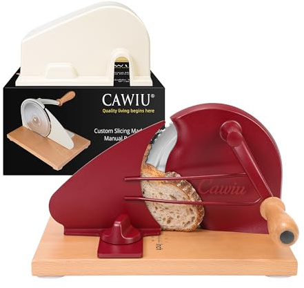 CAWIU Upgraded Manual Bread Slicer for Homemade Sourdough Bread - Adjustable Thickness Bread Cutter with Hand Crank, Suction Cups, Slicing Guide, Scale Line & Cover, for Perfect Even Slices (Red)