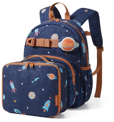 mommore Corduroy Toddler Backpack for Boys Girls 2-4, Kids Backpack with Lunch Box Set, 13 H Preschool Kindergarten Backpacks - Galaxy