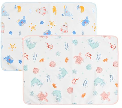 2 Pièces Matelas à Langer Bébé, Tapis à Langer Imperméable, Matelas à Langer Cotton, 50x70cm, Motif Dauphin Rose Bleu, Léger pour Voyage