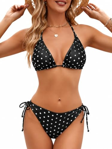 Women's Black Polka Dot Triangle Bikini Set - Adjustable Halter Top and Tie-Side Bottoms, Deep V Push-Up Style, Removable Padding, Soft Stretch Fabric for Beach, Pool and Resort Wear, Size M