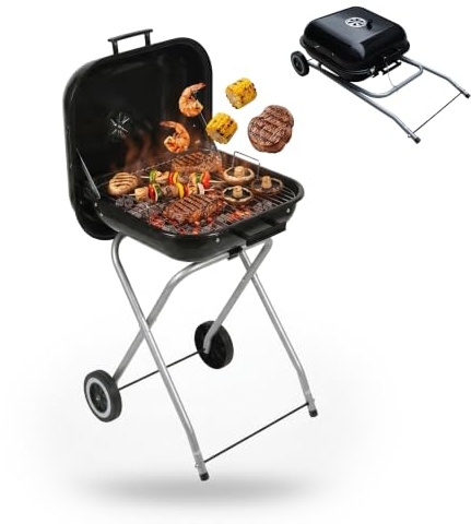 Relaxdays bärbar kolgrill med lock och hjul, svart | hopfällbar campinggrill, balkong, trädgård och park, fristående grill