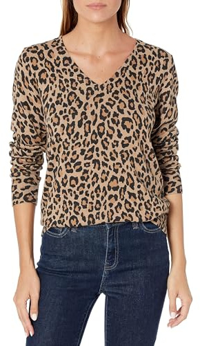 Amazon Essentials Pull Léger à Manches Longues, Col en V, Coupe Classique (Disponible en Grande Taille) Femme, Chameau Léopard, S