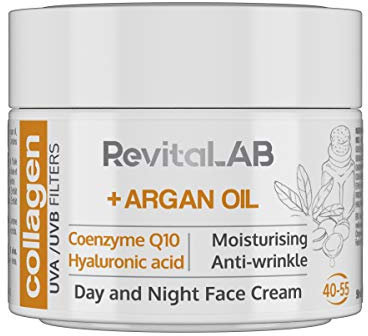 RevitaLAB Anti-Ageing Tages- und Nacht-Feuchtigkeitscreme mit Kollagen, angereichert mit Hyaluronsäure, Q10, Arganöl und einem UVA-/UVB-Filter, für Alter zwischen 40 und 55, 50 ml
