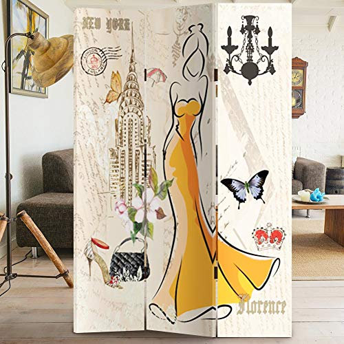 Bakaji Paravento Separè 3 Pannelli Struttura in Legno Rivestimento in Tela Con Stampa Fronte Retro Fashion NY Parigi Divisorio Richiudibile Pieghevole Dimensione 180 x 120 cm Design Moderno
