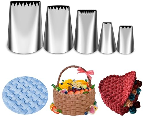 Suuker 5 Pieces Basketweave Piping Tips Set,Stainless Steel Half Row Braided Flower Cake Decorating Tips, Frosting Icing Tips for Cupcakes, Cake, Cookie and Decorating (3D 1D 895 48 47)