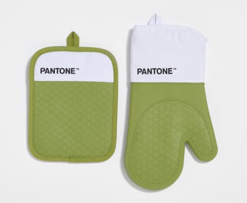 Pantone - Set da Cucina con Guanto da Forno + Presina, in Cotone con Grip Antiscivolo in Silicone - Utili Accessori Cucina Resistenti al Calore fino a 250°C - Bianco/Verde Chiaro