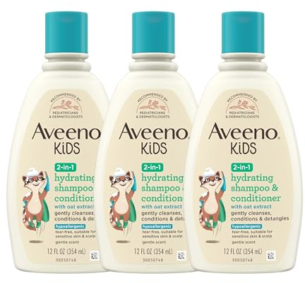 Aveeno Kids 2-in-1 Shampoo and Conditioner, Hydrating Shampoo and Conditioner for Soft, Smooth and Easily Manageable Hair, Oat Extract Formula, Gentle Scent, Hypoallergenic, 12 fl. oz, 3 Pack