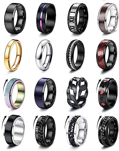 ADRAMATA 16 Pezzi Set Anello Uomo in Acciaio Inox Spinner Fidget Band per Antistress, Anello Argento Nero
