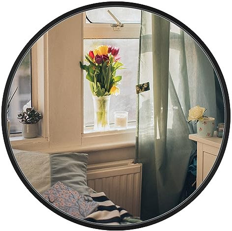 Dripex Specchio da Parete Rotondo 40 cm con Cornice in Alluminio, Moderno Specchio, HD Specchio per il trucco Ideale come oggetto decorativo in Bagno Spogliatoio Soggiorno (Nero)