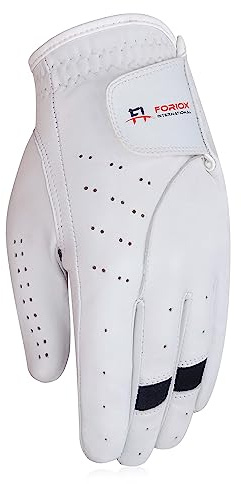 Foriox International Guantes de golf para todo tipo de clima para hombres, diestros y zurdos, para golfistas, se ajustan cómodamente, de cuero antideslizante, flexibles (blanco y negro, M, izquierda)