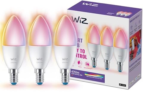WiZ smart E14 LED-lampa i 3-pack - 40W, med 16 miljoner färger + vita skärmar, WLAN/Bluetooth, röst-/appstyrning, fungerar med Google Home, Alexa och HomeKit