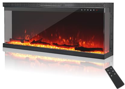 MachenFlame 40”3-Sided Electric Fireplace Stove Panoramic Glass Insert Wall Mount with 9-Color Flame, Freestanding Fireplace Heater,Logs and Crystals, 900W/1800W,Black.
