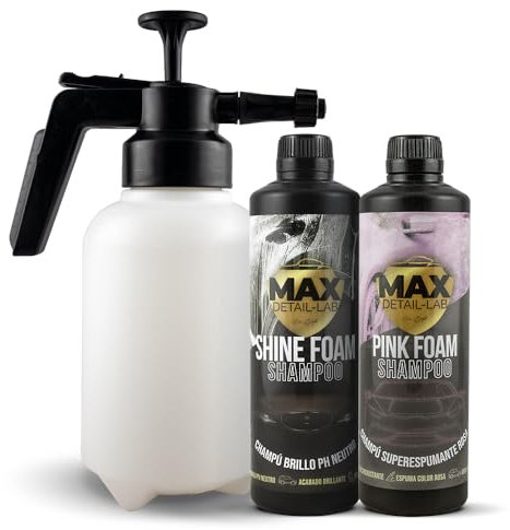 MAX DETAIL-LAB - Foam Pack - Kit Limpieza Coche Champú y Pulverizador Foamer Presión Espuma Activa, Snow Foam Cherry Rosa, Productos Limpieza Exterior Carrocería, Detailing Profesional Auto Moto