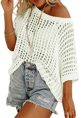 Onsoyours Chandails en Crochet à Manches pour Femmes Col Rond Manches Courtes Hauts d'été en Tricot Ajouré Slim Fit Top Chic et Elegant A Blanc S
