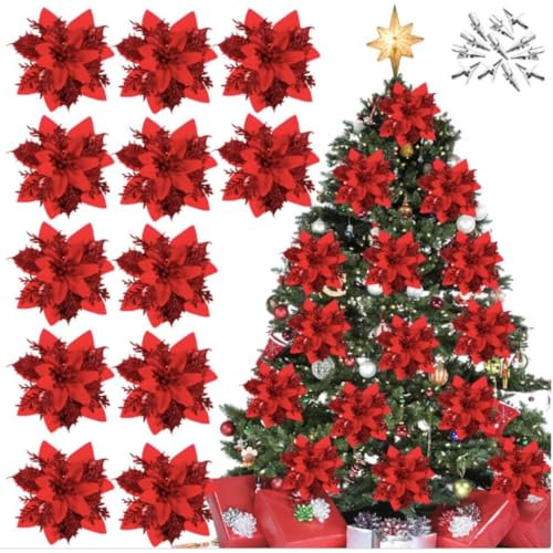 15 Fiori Albero Di Natale Rossi, Fiori Grandi Per Albero Di Natale Diametro 14 cm Resistenti Con Gancio Di Montaggio Incluso, Rose Rosse Per Addobbi Natalizi