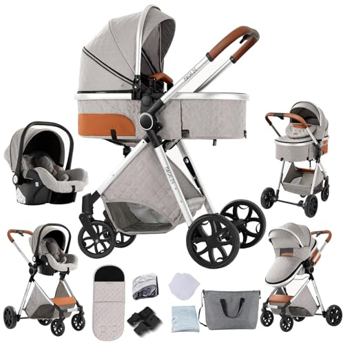 Cochecito de bebé 3 en 1 para recién nacidos y bebés, con capazo, toldo ajustable de 0 a 36 meses (Light Grey)