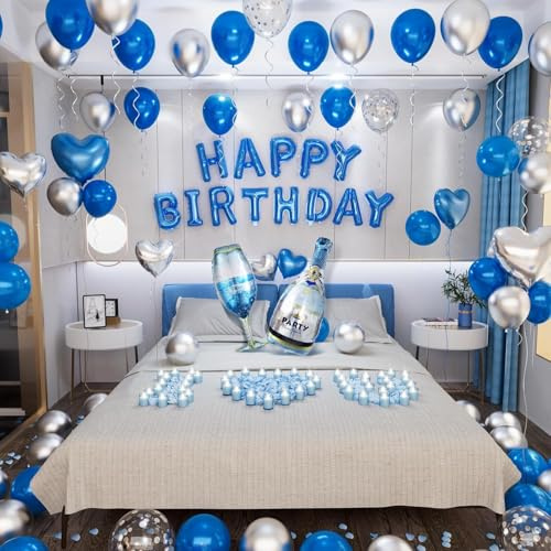 Blue Happy Birthday Decorations for Men Women Birthday Balloon Letters Banner with Heart-Shaped Champagne Bottle Wine Glass Balloons Rose Petals
