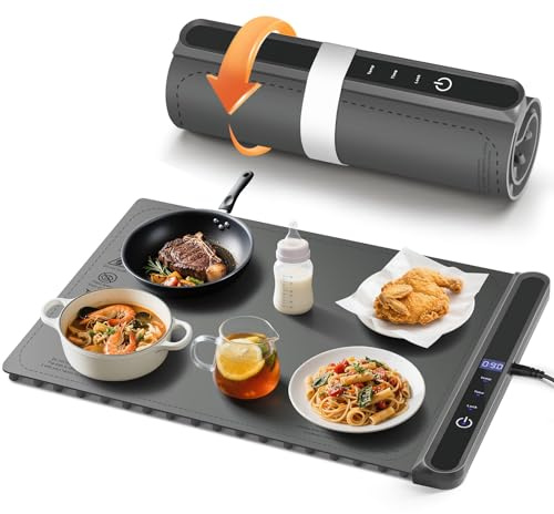 AUTOPkio Calienta Platos Electrico, Plegable Bandeja Calentador de Comida 300W Rápido Calentamiento con 6 Temperatura y 9 Temporizadores Auto-Apago, Bloqueo Infantil para Bufés, Familiare, Fiestas