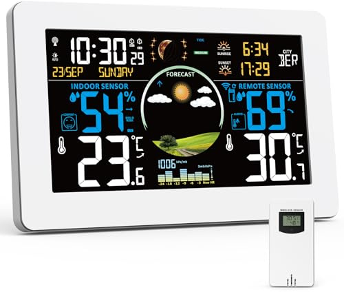 VIFLYKOO Station Météo Sans Fil, Thermomètre et Hygromètre Intérieur Extérieur avec Capteur Externe, Prévisions Météo, Écran VA 7,5, Baromètre, Alarme, 4 Rétroéclairage Réglable,Blanc