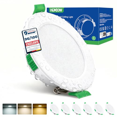 HOMEOW Spot Led Encastrable Extra Plat, 5w Spot Encastrable Led 68mm - 80mm Découpe, Blanc Chaud 2700K Blanc Neutre 4000K Blanc Froid 6000K Spot Salle de Bain IP44 pour Cuisine, Lot de 6
