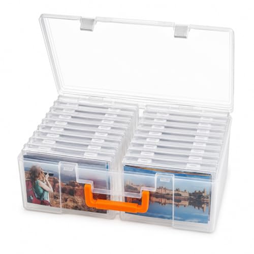 ALINK Fotoaufbewahrungsbox 13x18 cm, 5x7 Zoll Fotoetui mit 18 Innenboxen, transparente Fotobox aus Kunststoff mit Griff, Foto Organizer für Bilder, Postkarten, Karten, Saatgut, Sticker