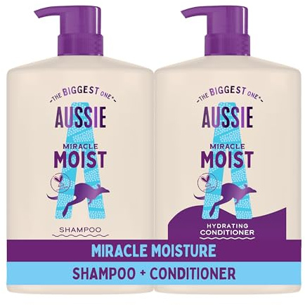 Aussie Miracle Moist Shampoo & Conditioner 1L Set, Moisturising formula for Dry, Damaged Hair, With Macadamia Nut Oil, Cruelty Free & Vegan, XXL VALUE PACK (Pack of 2)