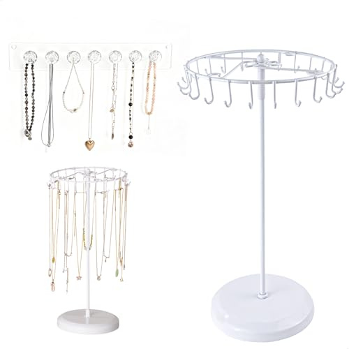 letuxaamz Rangement Bijoux, Boîtes à Bijoux et Présentoirs Porte Bijoux Femme Rotatif en Métal, Support à Collier Blanc avec 23 Crochets et Présentoir Mural pour Chambre à Coucher Salon Coiffeuse