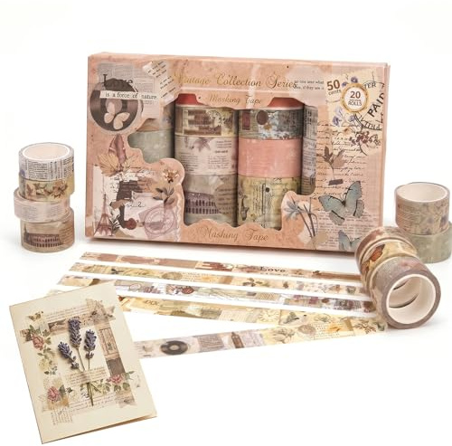ZMaglorian Washi Tape Set 20 Rotoli Vintage, Nastri Colorati e Nastro Adesivo Colorato con Nastro Adesivo Decorativo e Adesivi Colorati su Rotolo per Ragazze