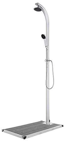 LoogCape Trädgårdsdusch med grå bottenplatta 220 cm aluminium rostfritt stål WPC pool tillbehör för trädgård bevattning och utomhusbruk