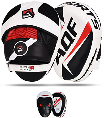 AQF Pratzen Boxen Rex Leder Handpratzen, Boxpads, Kampfsport Self Defense Trainerpratzen Schlagpolster, Haken & Stoß Handschuhe Focus Pads Kickboxen, Taekwondo, Muay Thai Training (Weiß schwarz)