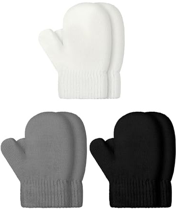SATINIOR 3 Pairs Toddler Stretch Mittens Little Girls Soft Knit Mitten Baby Boys Winter Knitted Gloves (Gray, White and Black, 1-4 Years Size)