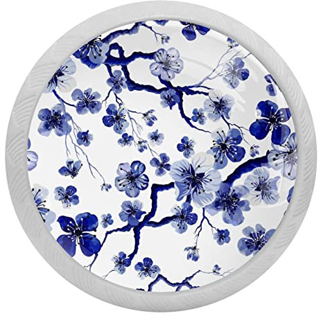 4 PCS Blue Floral Chinese Ink Paint Plum Crystal Glass Round Cabinet Knob Drawer Pull Handle Glowing in The Dark for Kitchen, Cupboard, Dresser, Wardrobe, etc