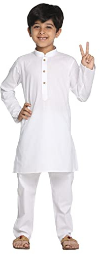 VASTRAMAY Kurta en coton uni avec manches longues, col mandarine et boutons en bois, ensemble pyjama blanc avec taille élastique pour fête et mariage, Blanc., 9-10 ans