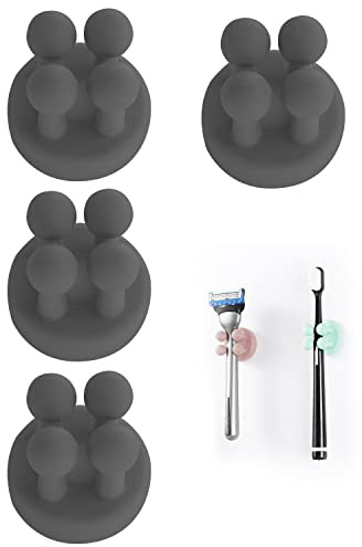 Silicone Toothbrush Holders Multi-Function Hook Razor holder Waterproof Self Adhesive Wall Mounted Single Hook for Wall or Glass for Hanging Bathroom Kitchen Living Room Office (Black 4pcs)