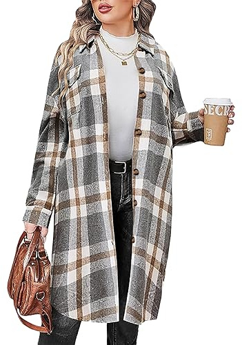 Jhsnjnr Womens Fashion Long Sleeve Flannel Shirt Button Down Plaid Jacket Lapel Long Coat Shacket