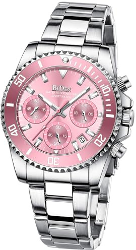 Women Elegant Chronograph Rotatable Bezel Mineral Glass Luminous Watch Stainless Steel Waterproof Date Analog Quartz Watch Fashion Business Dress Wristwatch (Silver Pink)