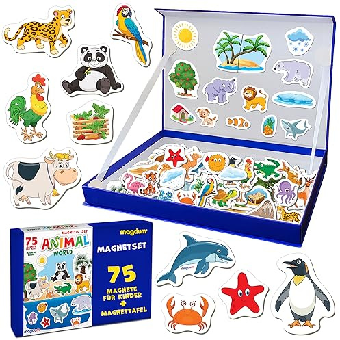 Magneti per Bambini - 75 Grandi Animali per Neonati in Scatola - Zoo, Fattoria, Animali della Foresta e del Mare - Magneti da Frigorifero - Gioco Educativo Montessori - Regalo per Bambini - Magdum